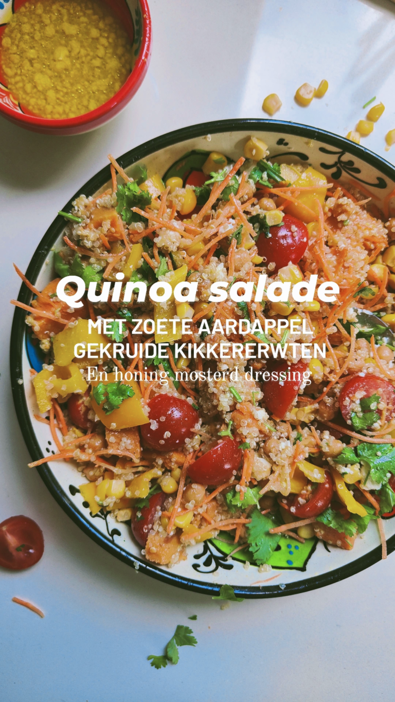 Quinoa salade met zoete aardappel en gekruide kikkererwten It's a